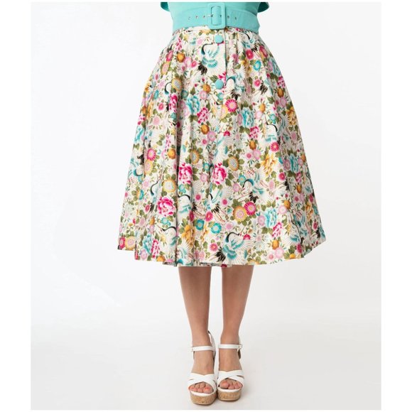 Unique Vintage Skirts Unique Vintage Crane Print Waikiki Swing